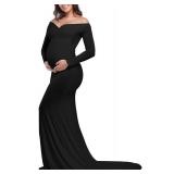 JustVH Maternity Elegant Fitted Maternity Gown Long Sleeve Cross-Front V Neck Slim Fit Maxi Photography Dress for Photoshoot A- Black Large