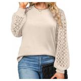 Eytino Womens Plus Size Lace Long Sleeve Crew Neck Shirts Loose Casual Tops Tee Shirts,2X Apricot