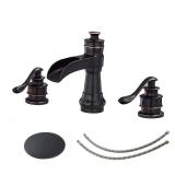 BWE Waterfall Widespread Bathroom Faucet 3 Hole Oil Rubbed Bronze Farmhouse 8 Inch Pop Up Drain Stopper Assembly Overflow Supply Line Lead-Free Faucets Parts Two Handle Bath Vanity Lavatory Sink