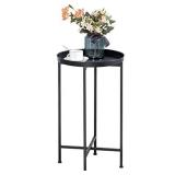 HollyHOME Small Round Metal Waterproof End Table, Accent Indoor&Outdoor Coffee Side Table, Snack Sofa Table for Living Room, Anti-Rust Decorative Plant Stand, (D) 14.5" x (H) 25", Black