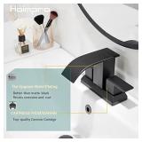 Hoimpro 3 Holes 4 Inch Bathroom Faucet, Waterfall Matte Black Bathroom Faucet Two Handles Centerset Bathroom Sink Faucet Vanity Sink Faucet with cUPC Supply Hoses and Pop Up Drain