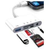 4-in-1 SD Card Reader for iPhone - 10W Fast Charging - TF/SD Memory Card Reader - USB to iPhone Digital Camera Adapter Compatible with iPad - White (5 in 1 for iPhone SD/TF/USB/Charge/3.5)