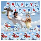 142pcs Airplane Birthday Party Decorations Airplane Party Tableware Supplies Airplane Blue Sky White Disposable Plates,Tablecloth,Napkins,Cups,Banner Forks and Knives For Kids Favors Serve 20 Guests