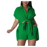 KELOVEPAN Women 2 Piece Casual Tracksuit Outfit Set Solid Short Sleeve Button up front Shirts and Shorts Set Summer Green L