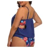 Daci Women Plus Size Tankini Swimsuit Two Piece Tummy Control Bathing Suit Loose Fit Blouson Tankini Top with Bottom Blue Floral 16 Plus