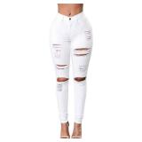 DLAYBGFA Ripped Skinny Jeans for Women High Waisted Stretch Slim Fit Distressed Butt Lifting Denim Jeans Pants(White,L)