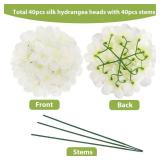 JPSOR 40pcs Artificial Hydrangea Silk Flower Heads with Stems, Fake Flowers for Mothers Day Wedding Centerpiece Home Garden Party Decoration (White)
