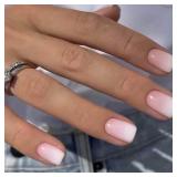 Press on Nails Short Square Acrylic Fake Nails with Apricot Design Full Cover False Nails Glossy Nude Glue on Nails Artificial Stick on Nails for Women 24Pcs (Beige White Pink)