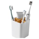 Bamboo Toothbrush Holder for Bathrooms, 4 Slots Toothbrush and Toothpaste Holder Bathroom Counter Organizer for Electric Toothbrushes, Floss, Razors - White