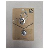 Necklace & Pet Tag Set - Silver Cat Paw Print Tag, Silver Round Pendent w/ saying Life is better with a Cat