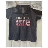 Black Cancer Survivor T-Shirt w/ Words Fighter, Survivor, Warrior on the Front, Size 2XL