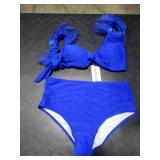 SPORLIKE Women High Waisted Swimsuit Organza Ruffle Bikini Twist Front Bathing Suit(Solid blue,X-Large)