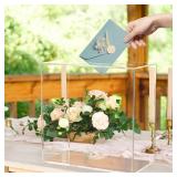 Leseyaton Acrylic Wedding Card Box with Thank You Sign, Clear Card Box with Slot Free installation for Wedding Reception, Memory Box, Party Graduation Birthday Baby Shower (Clear-White Print)