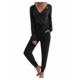 Adibosy Women Jumpsuits Long Sleeve: Black Casual Pant Rompers for Womens V Neck Jumper One Piece Outfits with Pockets M