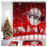 Poedist 4 Pcs Christmas Bathroom Decor Set,Christmas Shower Curtain Sets, Xmas Shower Curtain Sets with Rugs(Bath Mat,U Shape and Toilet Lid Cover Mat) and 12 Hooks,Christmas Elk