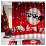 Poedist 4 Pcs Christmas Bathroom Decor Set,Christmas Shower Curtain Sets, Xmas Shower Curtain Sets with Rugs(Bath Mat,U Shape and Toilet Lid Cover Mat) and 12 Hooks,Christmas Elk
