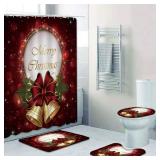 4Pcs Merry Christmas Shower Curtain Sets,Christmas Bathroom Decoration Waterproof Bath Curtain with 12 Hooks,Toilet Mat?Base Mat,Floor Mat, Holiday Bathroom Decoration Set (Style 2)