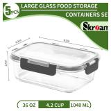 Skroam 5-Packs 36OZ Glass Food Storage Containers with Lids Airtight, Glass Meal Prep Container for Lunch, Pantry Organizers and Storage, Glass Lunch Boxes for Freezer to Oven Safe, Leak Proof