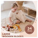 Tiny Land Large Wooden Building Blocks for Toddlers 1-3, Toddler Blocks Toys with Storage Bag, Innovative Shapes & Variety Colors to Build More Combinations (34 PCS)