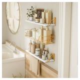 SRIWATANA 2+1 Floating Shelves for Wall, Bathroom Shelves Over Toilet with Metal Bar, Wall Shelves with Storage Wire Basket, Wood Shelves for Bedroom, Living Room, Kitchen (White & Gold)