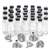 36 Pack, 2 oz Small Clear Glass Bottles w/ Lid & 6 Stainless Steel Funnels - 60ml Boston Sample Bottles - Mini Travel Essential or Decorative Bottles for Potion, Juice, Wellness, Ginger Shots, Whiskey