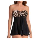 Tempt Me Womens Leopard Two Piece Bathing Suits Halter Bandeau Tankini Top Flyaway Swimsuit with Bottoms Tummy Control Swimwear XL