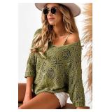Dokotoo Spring Sweaters for Women 2024 Knit Top 3/4 Short Sleeve Sweaters Lightweight Outfits Clothes Sexy Round Neck Crochet Tops Beach Cover Ups for Women Jungle Green Large