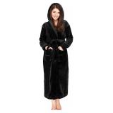 NY Threads Womens Fleece Hooded Bathrobe Plush Long Robe, X-Large, Black