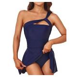 Aleumdr One Piece Swim Dress for Women One Shoulder Skirted Swimsuit Modest Tummy Control Bathing Suit with Shorts Dark Blue 2X-Large