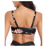 Tempt Me Women Black Floral Bikini Tops Push Up Swim Top Front Tie Knot Bathing Suit Top Padded Swimsuit Top Only XL