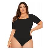 SOLY HUX Womens Plus Size Bodysuit Scoop Neck Short Sleeve T Shirts Skinny One Piece Bodysuit Summer Basic Tops Solid Black 2XL