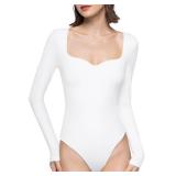 PUMIEY White Long Sleeve Bodysuits for Women Sweetheart Neck Body Suits Going Out Tops, Splashed White Large