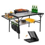MYSWEETY Folding Grill Table, 4.4 Ft Portable Camping Table with 2 Wing Panels, Height Adjustable Metal Table with Mesh Desktop and Mesh Bag, Outdoor Table for Camping, Picnic, Outside, BBQ