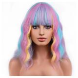 PATTNIUM Rainbow Wig Short Wavy Colorful Wig Pastel Rainbow Wig with Bangs Multicolor Wig for Women Girls Heat Resistant Synthetic Cosplay Costume Wig (Rainbow)
