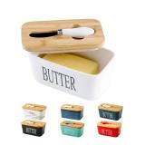 Hasense Porcelain Butter Dish with Bamboo Lid - Covered Butter Dish with Butter Knife for Countertop, Airtight Butter Container with Cover Perfect for East West Coast Butter, White***NO BUTTER KNIFE**