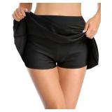 Pinup Fashion Women High Waisted Swim Skirt Flattering Swimsuit Skorts Bikini Bottoms with Shorts Black L