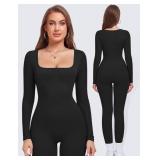 KIKIMINK Long Sleeve Workout Jumpsuit for Women Tummy Control Square Neck Ribbed Seamless Yoga Bodysuit Bodycon One Piece Romper - Black M