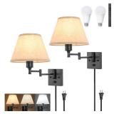 TRLIFE Wall Sconce with Remote Control, Dimming 10%-100% and Adjustable Color Temperature 2700K-6500K Swing Arm Wall Lights with Plug in Cord, 9.4" Medium Beige Fabric Shade(2 Pack, 2 Bulbs Included)