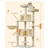 Taoqimiao Cat Tree, 60.6-Inch Cat Tower for Indoor Cats Large Adult, Multi-Level Cat Condo with 8 Cat Scratching Posts, 2 Perches, 2 Big Caves, Hammock, 2 Pompoms, Beige MS024M - Retail: $91.8
