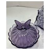 Fenton amethyst daisy and button bowl and amethyst glass lidded butterfly dish