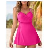 Aleumdr One Piece Swimdress for Women Modest Skirt Swimsuit Full Coverage Twist Front Bathing Suit 2024 Rose Red X-Large