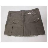 Military Green Pleated Mini Skirt with Lace Trim and Silver Embroidered Detail - Size Small