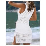 Dokotoo Swim Bathing Suit Cover Ups for Women 2024 Summer Sexy Crewneck Sleeveless Hollow Out Crochet Knit Tunic Split Hem Swimsuit Coverup Beach Cover Up Dress White X-Large