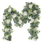 Dremisland Eucalyptus Garland with Flowers 2 Pack 12Ft Fake Flower Garland with White Dahlia Silk Floral Greenery Garland Wedding Decor Party Table Arch Garden Home Decoration (White-2PCS)