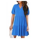 Dokotoo Womens 2023 Boho Spring Summer Dresses Flowy Casual V Neck Puff Short Sleeve Aline Short Mini Sun Dress Blue Medium