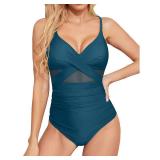 Tempt Me Blue Green Women One Piece Bathing Suits Tummy Control Swimsuits Cutout Mesh Front Cross Swimwear XL