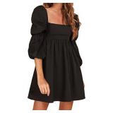 EXLURA Womens Square Neck Dress Long Puff Sleeve A-Line Casual Short Mini Dress Black Small