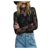 Sheer Mesh Long Sleeve Layering Top for Women Mock Neck Floral Lace Tshirt See Through Tee Shirt Blouse(Flower Black,Small