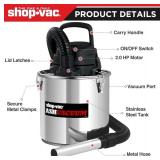 Shop-Vac 4 Gallon 2.0 Peak HP Ash Vacuum, 6.3 Amps Ash Vac Cleaner w/ HEPA Filter, Hose and Accessories for Fireplaces, Wood Stoves, Pellet Stoves and BBQ Grills