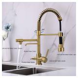 Delle Rosa Kitchen Faucet, 3 Way Drinking Water Faucet, 3 in 1 Water Purifier Faucets, High Arc and Dual Handles Commercial Kitchen Faucet Brushed Gold - Retail: $139.9